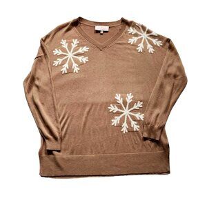 Laurie Felt Brown V-Neck Sweater With White Snowflake Design Womens Size L Cozy